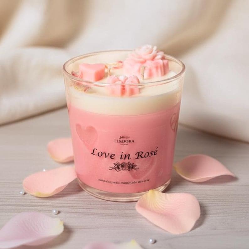 Rosa Kerze im Glas mit Rose und Herz, beschriftet mit Love in Rosé