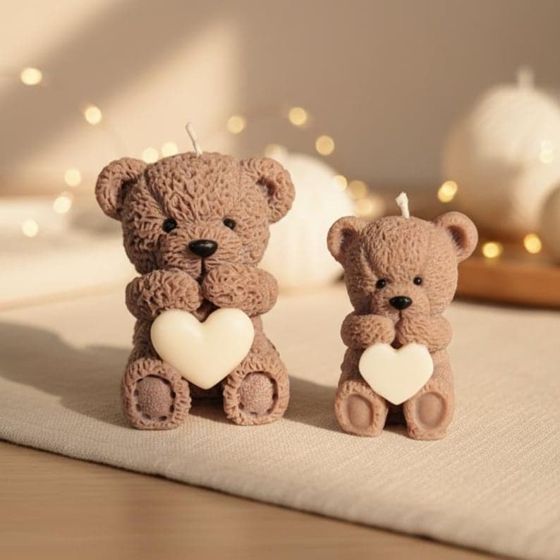 Kleine handgegossene Teddykerze mit Herz